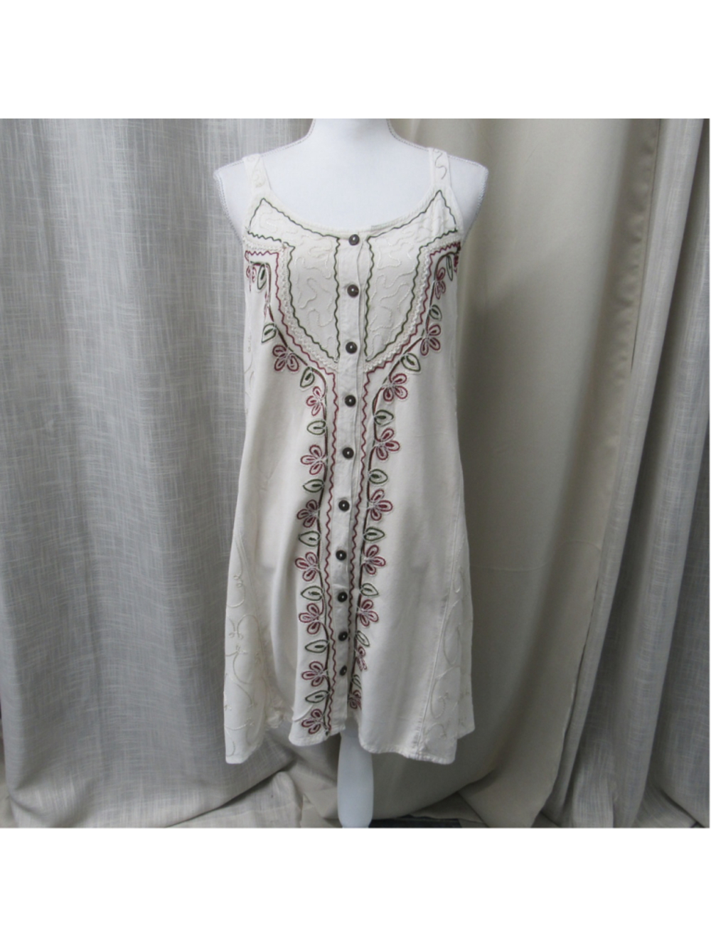 Jackpot Vintage Embroidered Rayon Boho Mini Dress White Button Front 18" PTP